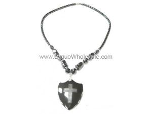 Cross Sign Hematite Shield Pendant Necklace